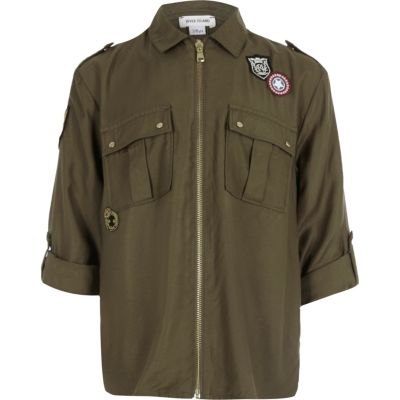Khaki badge zip front shirt
